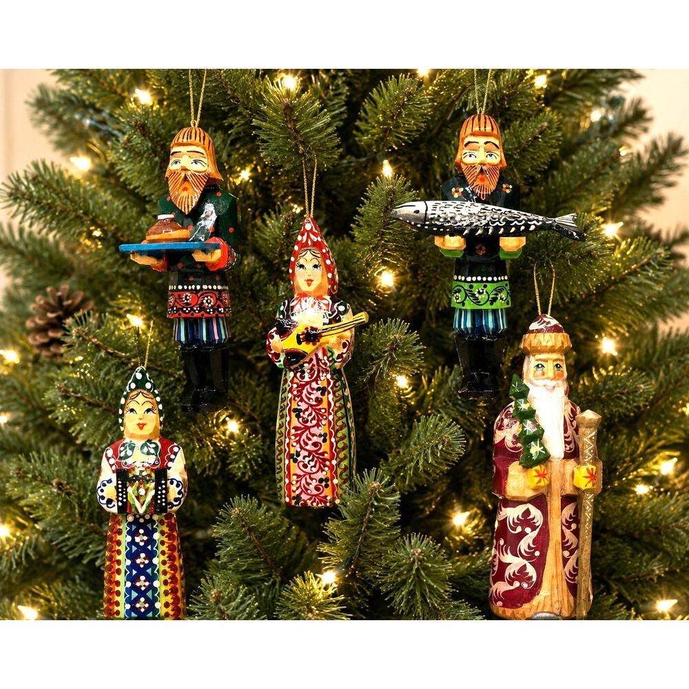 Vintage Hand Carved Wooden Christmas Ornament Set Russian Folk Art w/ Box